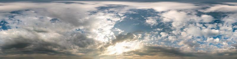 dark sky before sunset with beautiful awesome clouds. Seamless hdri panorama 360 degrees angle view with zenith for use in 3d graphics or game development as sky dome or edit drone shot photo