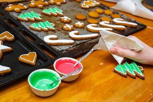 Handmade festive gingerbread cookies in the form of stars, snowflakes, people, socks, staff, mittens, Christmas trees, hearts for xmas and new year holiday. hand coloring cookies photo