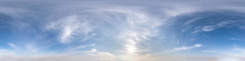 Seamless hdri panorama 360 degrees angle view blue sky with beautiful fluffy cumulus clouds with zenith for use in 3d graphics or game development as sky dome or edit drone shot photo