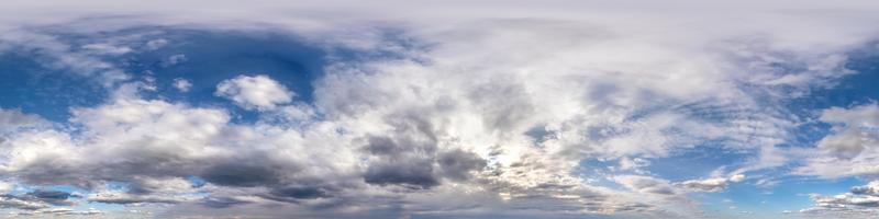 blue sky with beautiful fluffy cumulus clouds. Seamless hdri panorama 360 degrees angle view without ground for use in 3d graphics or game development as sky dome or edit drone shot photo