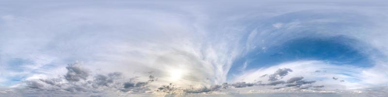 Seamless hdri panorama 360 degrees angle view blue sky with beautiful fluffy cumulus clouds with zenith for use in 3d graphics or game development as sky dome or edit drone shot photo