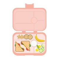 Lunchbox - meal container with sandwich, banana,sauce,tomato,eggs,cookies.School meal, children's lunch. Healthy meals storage.Vector illustration in flat style, isolated on white background vector