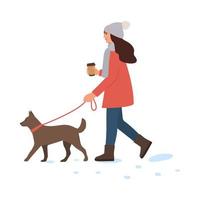 Woman walking with dog in winter. Girl leading pet on leash in cold weather with snow. Wintertime. Coffee in hand. Flat vector illustration isolated on white background