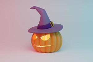 Halloween pumpkins with hat party.Jack O Lantern Pumpkin with witch hat isolate background.party october horror scary.Place for text.3D rendering illustration photo