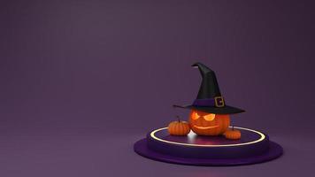 calabaza de halloween con fiesta de sombrero espeluznante.fondo de halloween con podio para exhibición de productos.feliz halloween o fiesta octubre horror miedo.lugar para texto, ilustración de renderizado 3d foto