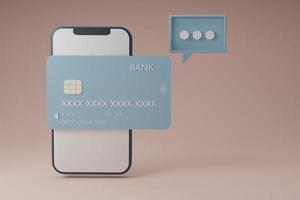 Smartphone blank display with credit card and speech bubble.Shopping mobile app,Cashback and banking,money-saving.Mock up empty screen copy space,Isolate background.3D rendering illustration. photo