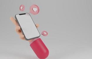 hand holding smartphone with minimal social media app.template photo optimization for social media,website and mobile phone device concep.3D rendering illustration.