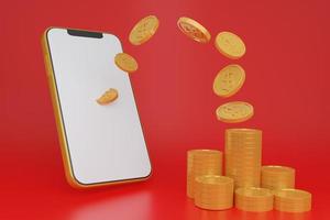 Smartphone with blank display and coins stack, digital wallet. Shopping mobile app, gold arrows coinsCashback and banking,money-saving. Mock up empty screen copy space,Isolate background. 3D render photo