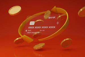 credit card with arrows surround by coins.Shopping mobile app,gold arrows coinsCashback and banking,money-saving.Mock up empty screen copy space,Isolate background.3D rendering illustration. photo