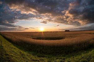 panorama of blue red sky background with evening fluffy curly rolling clouds with setting sun. Good windy weather photo