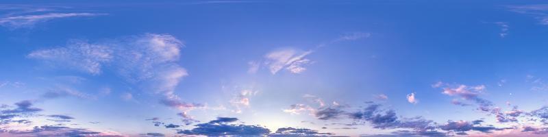 Seamless hdri panorama 360 degrees angle view blue pink evening sky with beautiful clouds before sunset with zenith for use in 3d graphics or game development as sky dome or edit drone shot photo