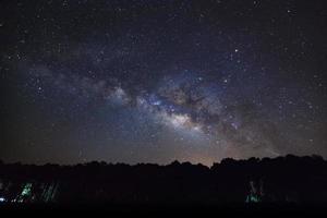 Silhouette of Tree and Milky Way at Phu Hin Rong Kla National Park,Phitsanulok Thailand. Long exposure photograph.With grain photo