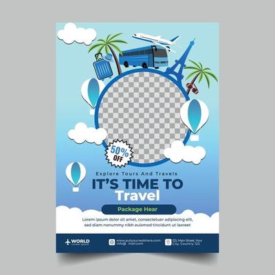 Tours And Travel Design For Flyer, Poster, And Banner Template. Concept For World Tourism Day. Summer Beach Travelling. Tourism Business Marketing Flyer Or Poster With Abstract Digital Background.