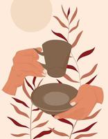 Hands with coffee mug. Poster in minimalist retro style. vector