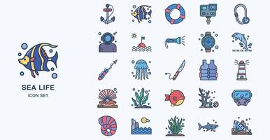 conjunto de iconos de color lineal de vida marina