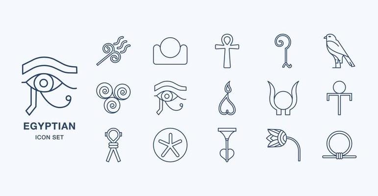 Ancient Egyptian symbols outline icon set
