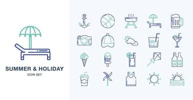 Summer and Holiday outline coloured icon set vector