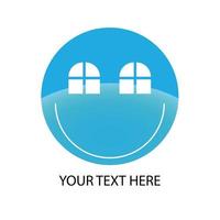 Blue emoji happy house icon with text and isolated background vector