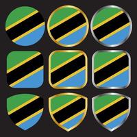 conjunto de iconos vectoriales de bandera de tanzania con borde dorado y plateado vector