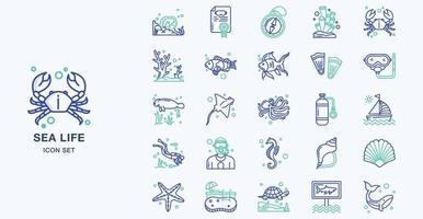 Sea Life outline coloured icon set vector