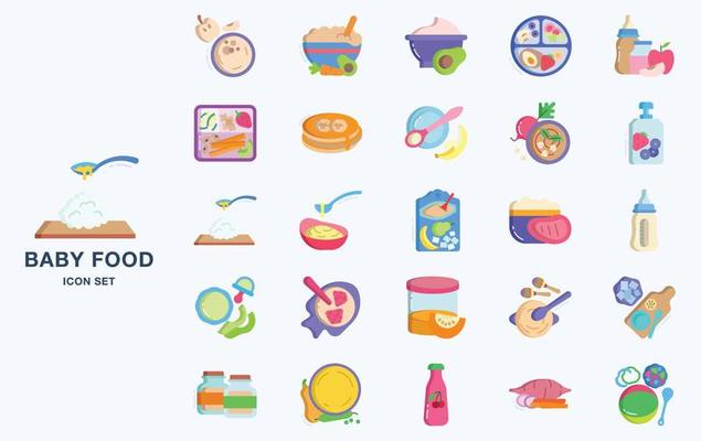 Variety of Baby Food icon set with different types of ingredients