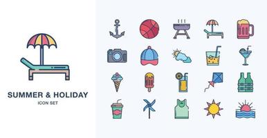 Summer and Holiday linear coloured icon set vector