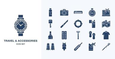 Travel and vacation Accessories solid icon set vector