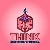 think outside the box vector illustration with brain and rocket launch