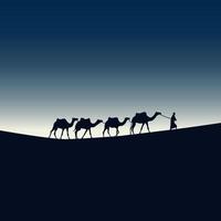 el viaje de un hombre con camellos a través del desierto por la noche ilustración vectorial vector