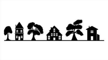 Collection of House and Tree in Silhouette Line Art Illustrations vector