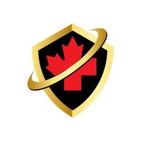 logotipo de canadá de cuidado de la salud con escudo dorado y negro con cruz roja y símbolo de hoja de arce vector