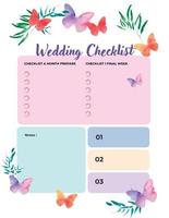 lista de verificación de la boda. planificador. fondo de acuarela con mariposas, plantas, flores. vector