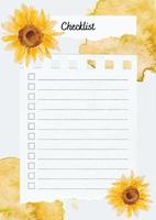 Watercolour checklist, planner with sunflower. vector