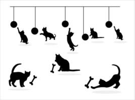 Cat Playing Ball in Silhouette Collection on White Background vector