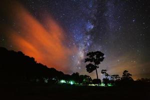 silueta de árbol y vía láctea con nubes en el parque nacional phu hin rong kla, phitsanulok tailandia, fotografía de larga exposición foto