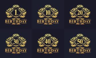 conjunto de logotipo de cumpleaños retro vintage. lujoso paquete de logo de cumpleaños dorado. Paquete de logotipos de 1.°, 10.°, 20.°, 30.°, 40.° y 50.° cumpleaños. vector