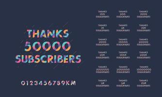 Thanks Subscribers Greeting card bundle. Thanks 1000, 1k, 10000, 10k, 50k, 1M, 5M Subscribers celebration social media bundle design. vector