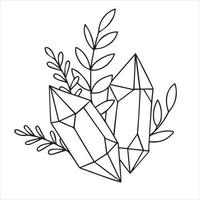 vector line drawing, graphic. mystical, magic esoteric composition. crystal and leaves. celestial