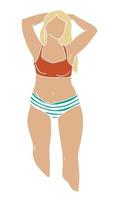 ilustración vectorial una mujer está de pie en traje de baño. mujer joven blanca gorda en traje de baño. cuerpo positivo, feminismo. paleta de colores limitada. aislado sobre fondo blanco vector