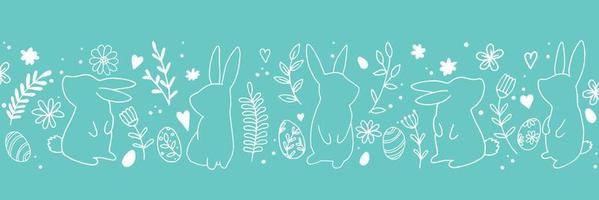 vector drawing. seamless border, banner for easter. cute doodle drawings of easter bunnies, eggs, spring flowers. white graphics on a blue, turquoise background