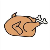 ilustración vectorial en estilo garabato, cartón. un simple dibujo a color de un pollo al horno. pollo frito, pavo. clip art comida festiva, comida para las vacaciones vector
