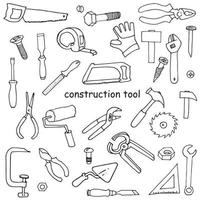 vector drawing in doodle style. set of construction tools, for repair and construction. simple line illustrations