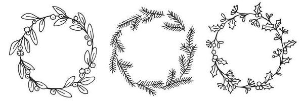 vector drawing in the style of doodle. set of Christmas wreaths. cute wreaths of fir branches, leaves and berries of holly, mistletoe.