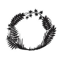 vector black and white illustration, round frame. fabulous, magical forest. silhouette of forest herbs. background for halloween, postcards, books.