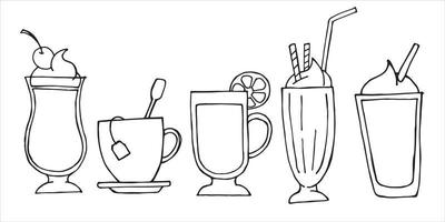 doodle style vector illustration. Flat set of hot and cold drinks, coffee drinks and tea. tea with lemon, raff, coffee, milkshake. Icons for menu, cafe and restaurant.
