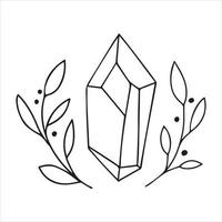 vector line drawing, graphic. mystical, magic esoteric composition. crystal and leaves. celestial