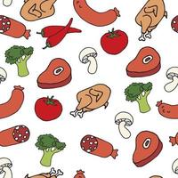 vector seamless pattern in cartoon, doodle style. meat products on a white background. cute drawings of food meat, beef, chicken, pork, sausages and sausage. background for restaurant, shop, cafe