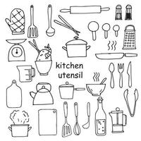 dibujo vectorial al estilo de garabato. conjunto de elementos de utensilios de cocina, vida doméstica, cocina. hogar acogedor vector