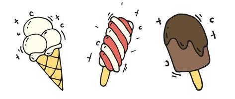 ilustración, estilo garabato, plano, caricatura. juego de helado helado de vainilla en un cono, paleta, hielo de frutas. lindo dibujo para niños, icono, pegatina. vacaciones de verano, calor, playa, dulces vector