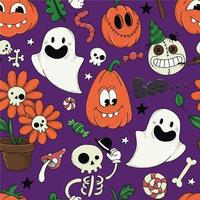 seamless pattern for halloween. cute characters, ghosts, pumpkins, skeletons on a violet background. print for kids vector